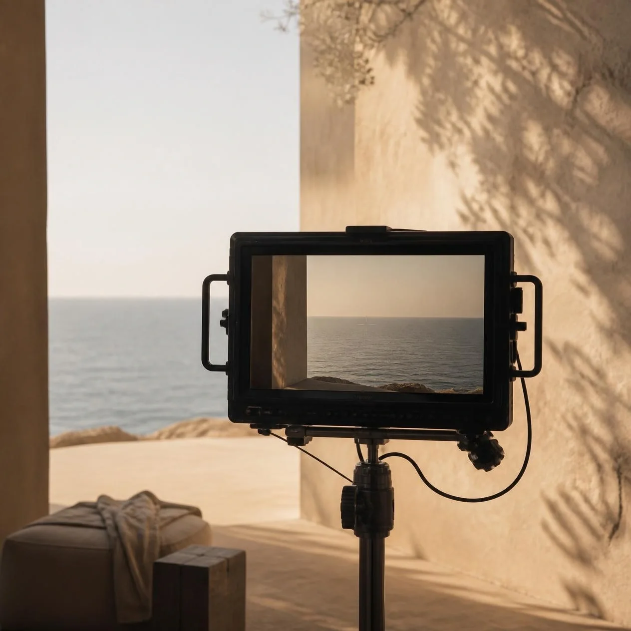 Director's monitor framing the sea from a stone studio, warm light