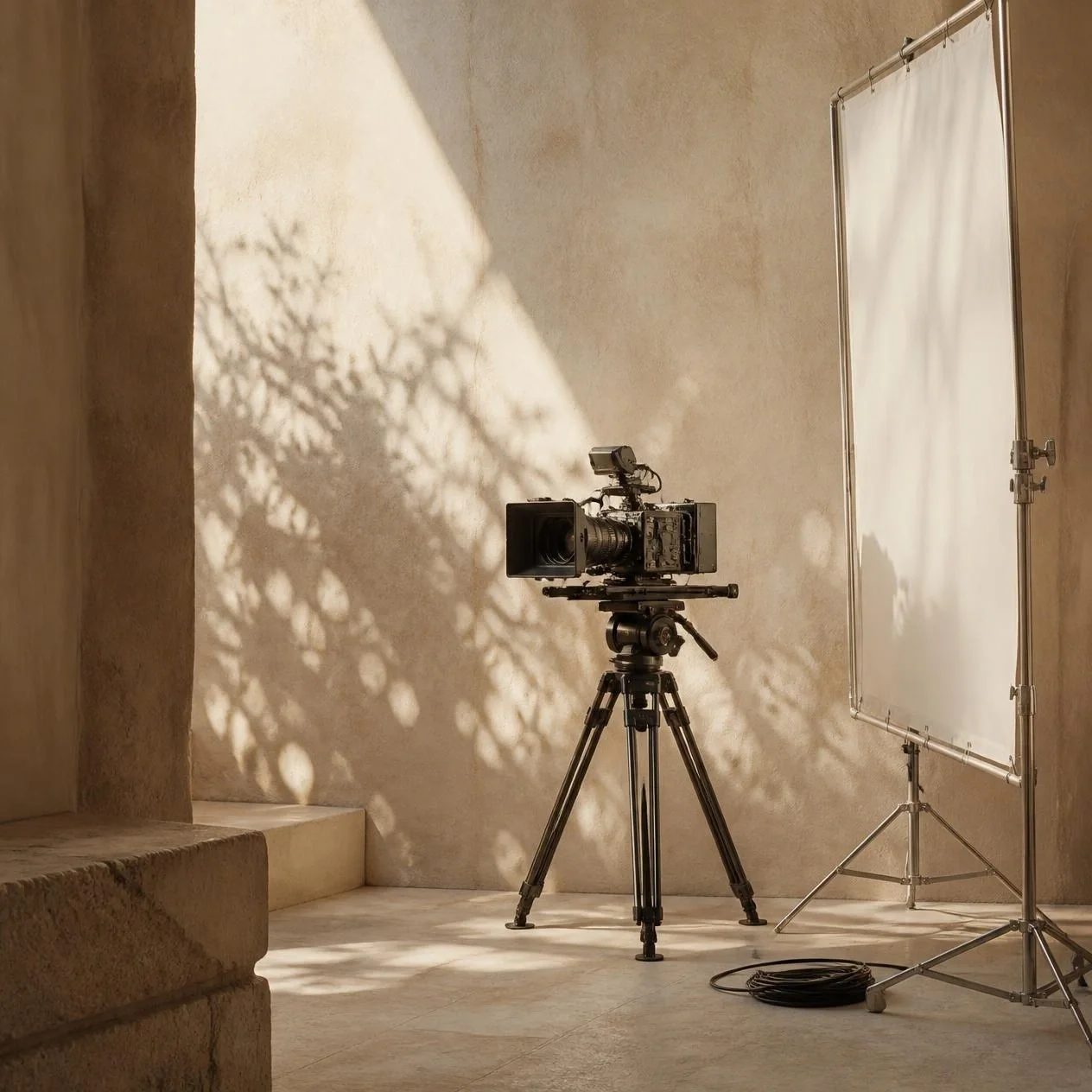 Cinema camera on a tripod in a sunlit plaster studio