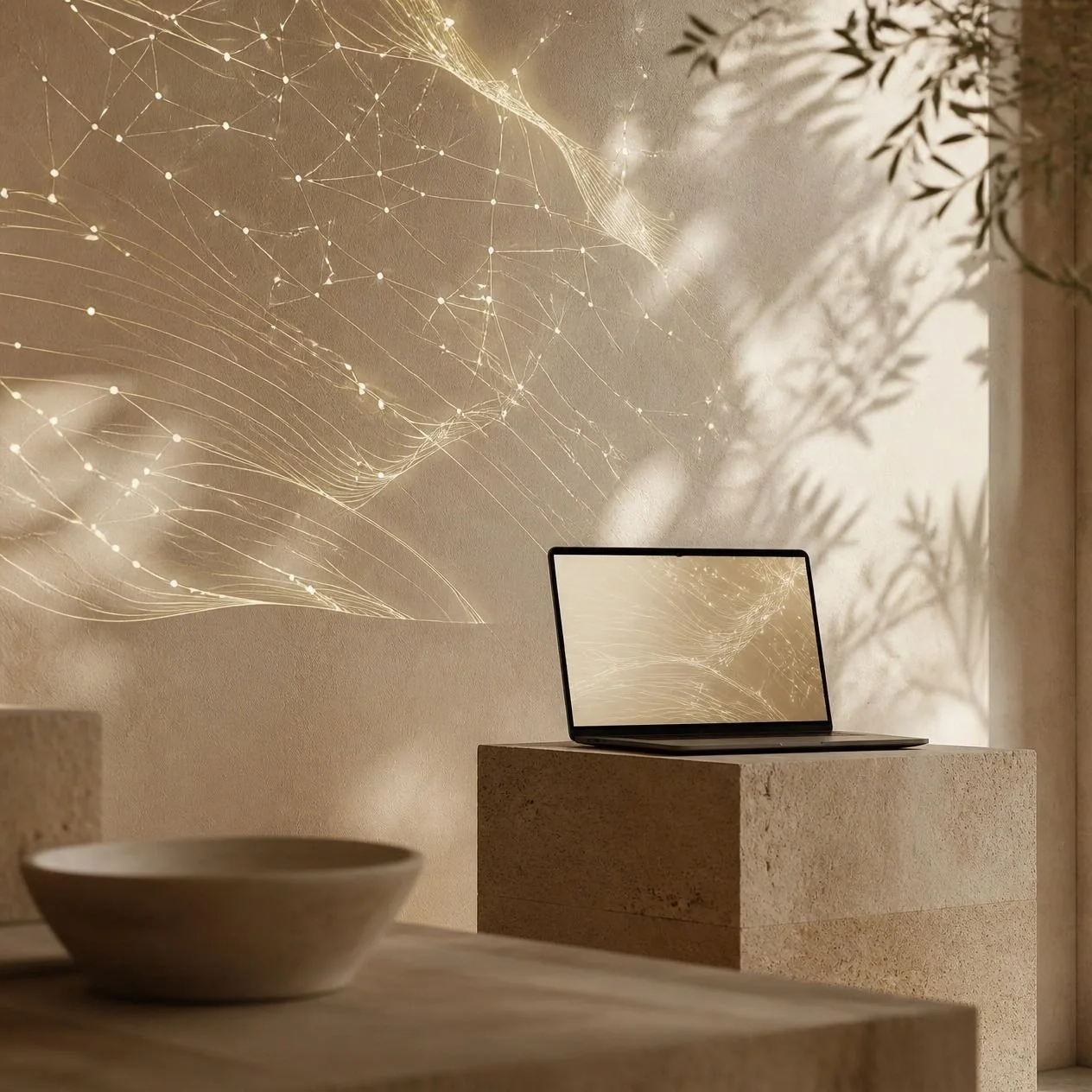 Generative data visualization projected on a plaster wall, laptop on a stone plinth